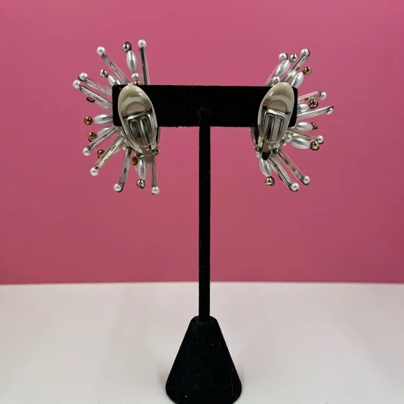 Vintage Designer Beaded Sunburst Clip On Earrings - Picture 4 of 7